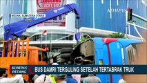 Bus Damri Terguling Setelah Tertabrak Truk Pengangkut Jagung, Lalu Lintas Menuju Binjai Macet