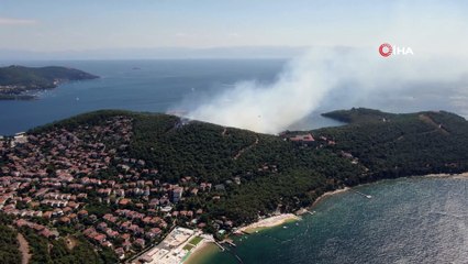 Heybeliadaki orman yangını havadan görüntülendi