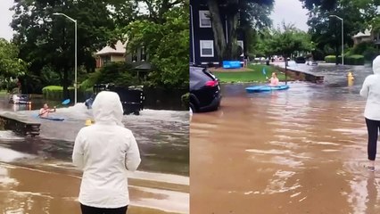 'Worcester Storm: Man Brings Out Kayak to Travel Through Flooded Streets'