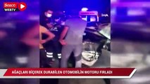 Ağaçları biçerek durabilen otomobilin motoru fırladı