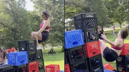 'Girl's Hopes of Winning $500 Come CRASHING DOWN with her as Crate Tower Collapses'