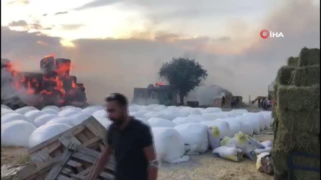 Tır üzerindeki saman balyaları alev alev yandı