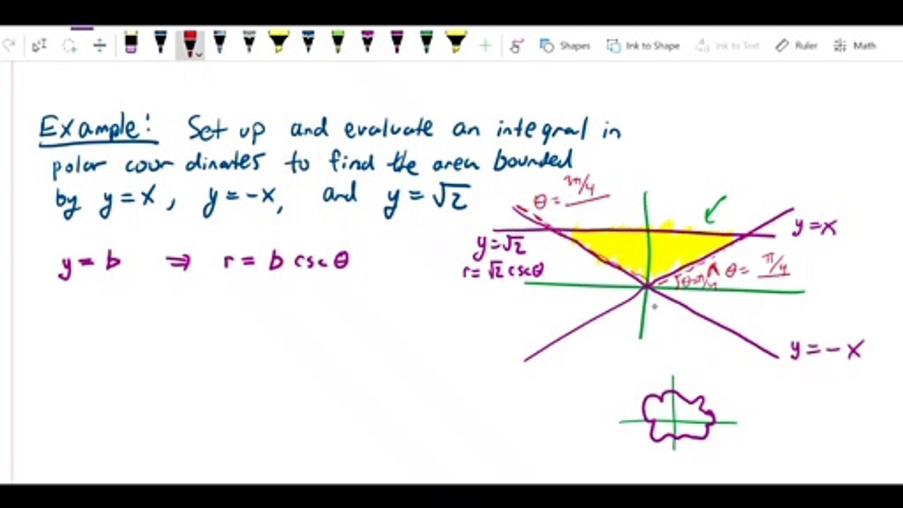 Polar coordinates - Area bounded by y equals plus or minus x and y equals root 2, as a polar integral