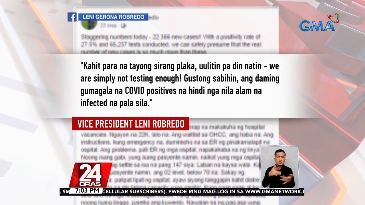 Totoong bilang ng mga bagong kaso ng COVID-19 sa bansa, posibleng mas marami pa raw sa mga naitatala ayon kay Vice President Leni Robredo | 24 Oras