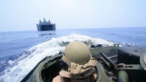 US Marines Assault Amphibious Vehicle Boards Navy Landing Platform Dock Operations