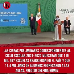 Download Video: Las cifras preliminares correspondientes al ciclo escolar 2021-2022 muestran que 119 mil 497 escuelas reabrieron en el país y que 11.4 millones de alumnos regresaron a las aulas, precisó Delfina Gómez