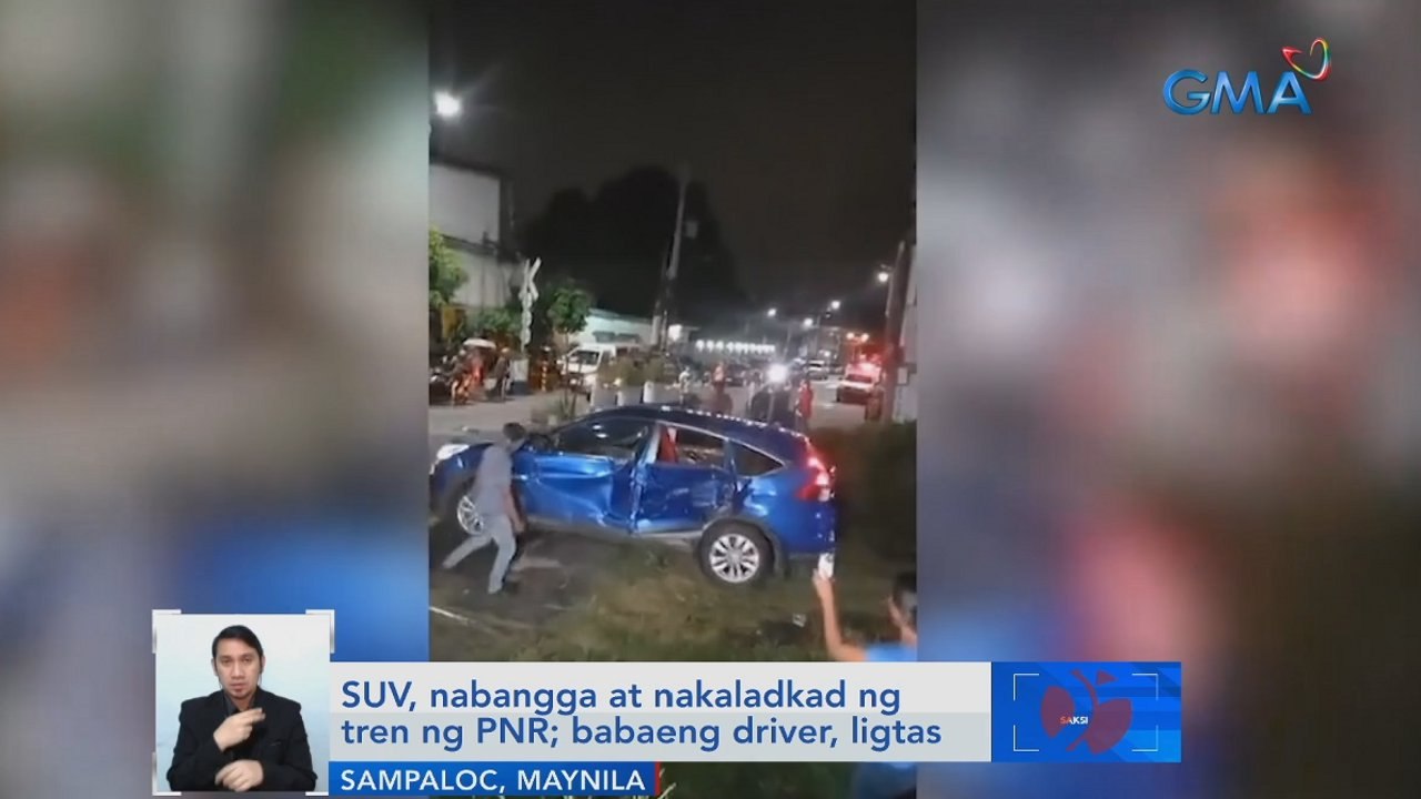 SUV, nabangga at nakaladkad ng tren ng PNR; babaeng driver, ligtas | Saksi