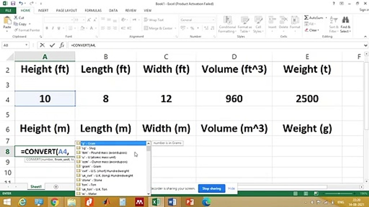Conversion of units in Excel explained in hindi