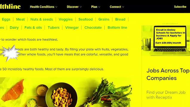 50 Foods That Are Super Healthy Fruit Eggs Meat Nuts seeds Veggies Seafood Grains Bread Legumes Dairy Fats oils Tubers Vinegar Chocolate