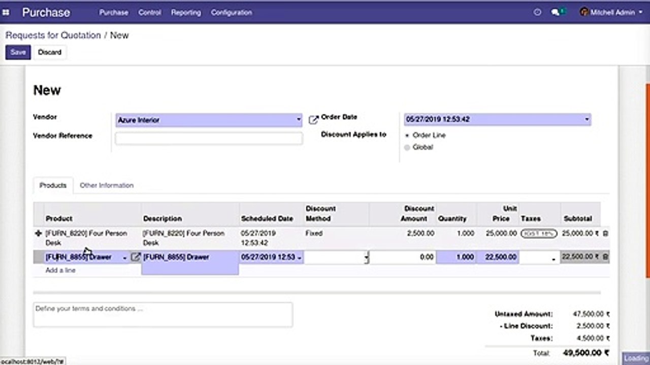 Apply discount in Purchase Order and Vendor Bills with Fixed Discount  and Percentage Discount  Methods.