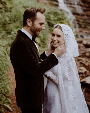 Lily Collins Married Charlie McDowell Wearing a Hooded Bridal Cape