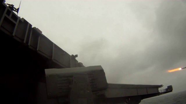 US Navy Aircraft Carrier Fires Rolling Airframe Missiles (RAM)