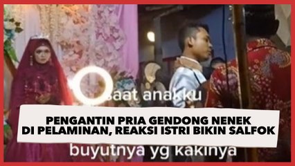Momen Haru Pengantin Pria Gendong Nenek di Pelaminan, Reaksi Istri Bikin Salfok