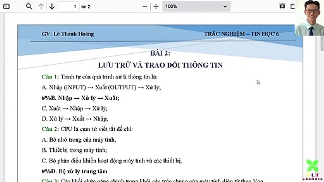 Tin học 6 - Chủ đề A - Bài 2 - Thông tin - thu nhận và xử lí thông tin - Trắc nghiệm