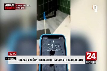 Piura: graban a niños limpiando comisaría en madrugada