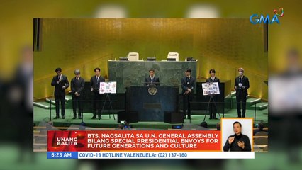 BTS, nagsalita sa U.N. General Assembly bilang special presidential envoys for future generations and culture | UB