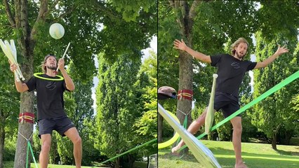 'Swiss circus performer showcases his incredible multitasking skills while slacklining'