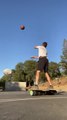 Man Balances On Double Wooden Boards And Rollers While Throwing Basketball Towards Hoop