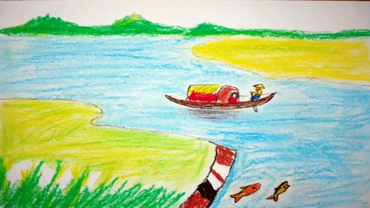 Autumn scenery drawing by oil pastel colour