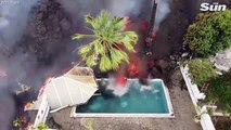 La Palma eruption – Drone shots shows lava swallowing swimming pools and homes as thousands flee