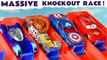 Massive Cars 4 Lane Knockout Funlings Race Competition with Pixar Cars Lightning McQueen versus Hot Wheels Marvel Avengers and PJ Masks in this Full Episode English Video for Kids by Toy Trains 4U