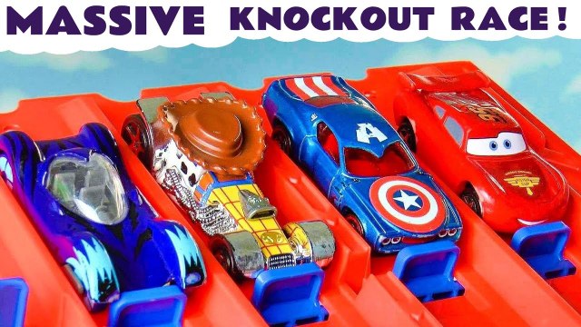 Massive Cars 4 Lane Knockout Funlings Race Competition with Pixar Cars Lightning McQueen versus Hot Wheels Marvel Avengers and PJ Masks in this Full Episode English Video for Kids by Toy Trains 4U