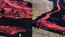 'Tourists in awe of magnificent lava flowing from Fagradalsfjall Volcano'