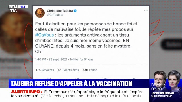 Christiane Taubira refuse d'appeler à la vaccination mais précise que les arguments antivax sont un tissu d'imbécillités