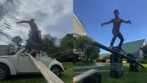 'Daredevil on Onewheel attempts risky milk crate stunts in his backyard'