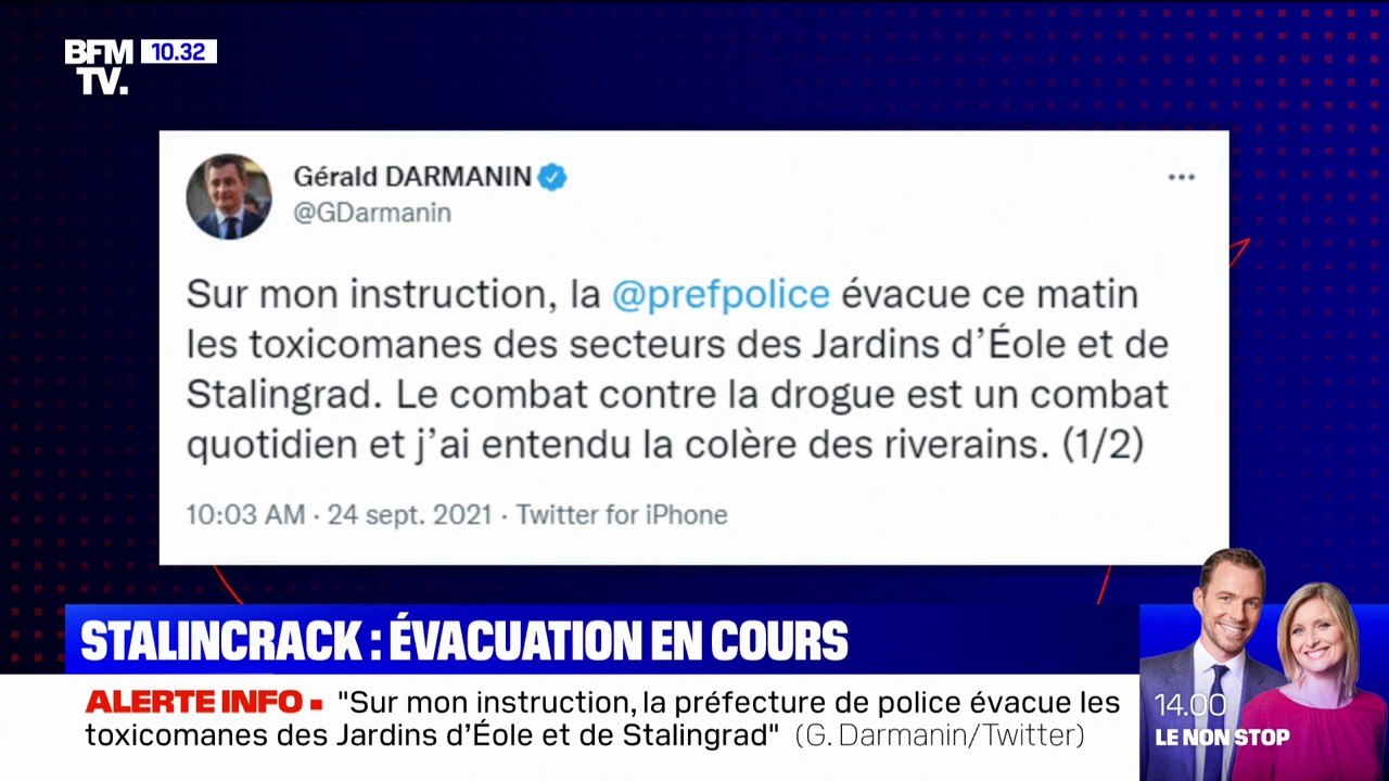 Paris: Darmanin annonce avoir demandé l'évacuation ce vendredi matin des toxicomanes des jardins d'Eole et de Stalingrad