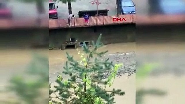 Korkuluklara bağladığı iple dereye indi, mahsur kalan köpeği kurtardı