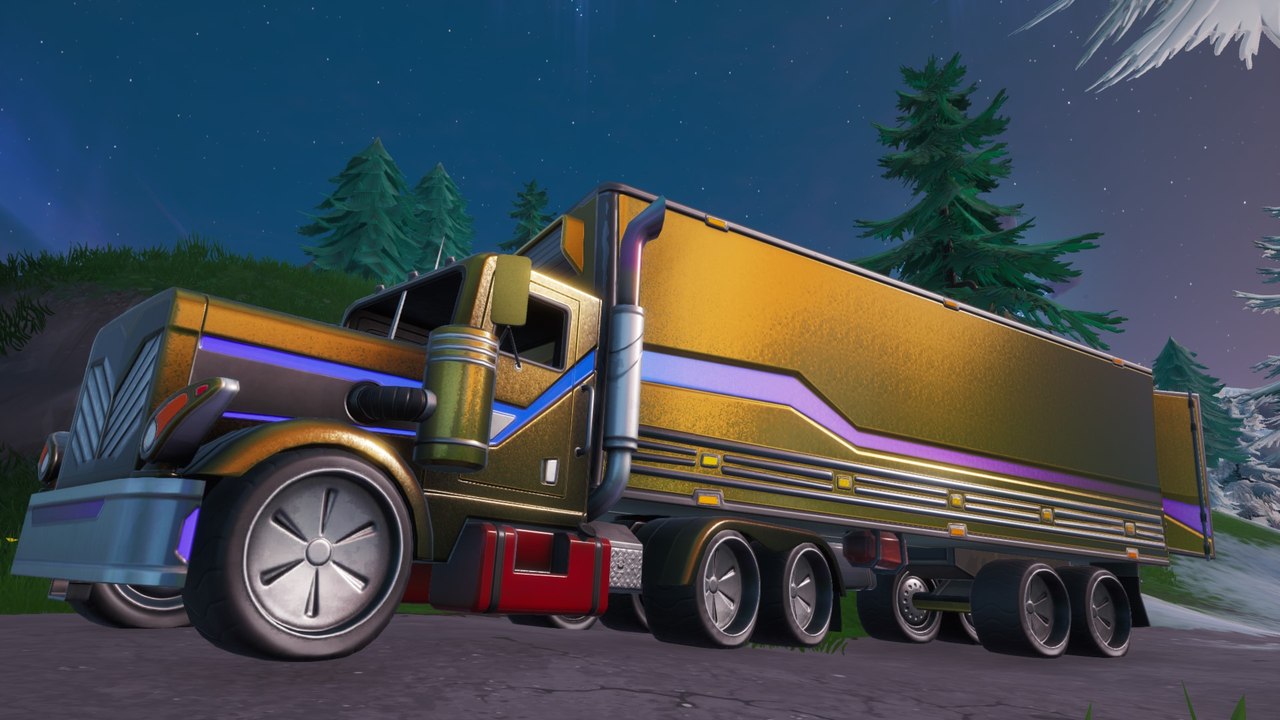 Fortnite : chercher entre un studio, une tête de pierre, un camion doré