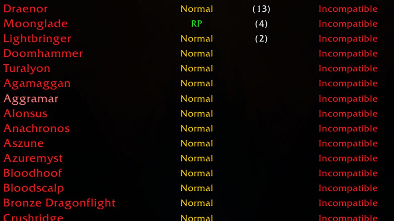 WoW : Royaumes incompatibles ou indiqués en rouge (inaccessibles)