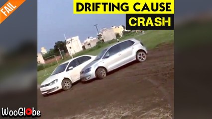 'Hilarious drifting stunt in the field ends with a minor car crash '