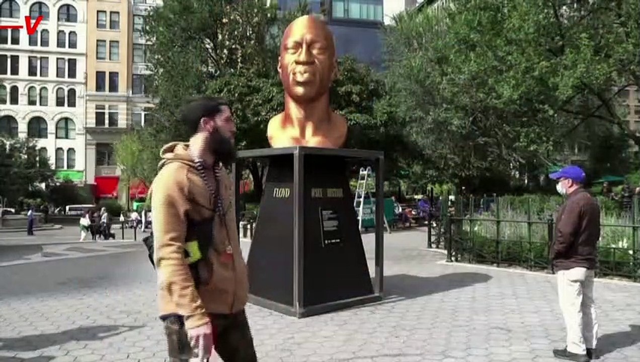 Skateboarding Vandal Caught on Camera Throwing Paint on George Floyd Statue in NYC