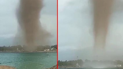 Kıyıdakiler korku dolu gözlerle izledi! Bir anda çıkan hortum, denizden su çekti