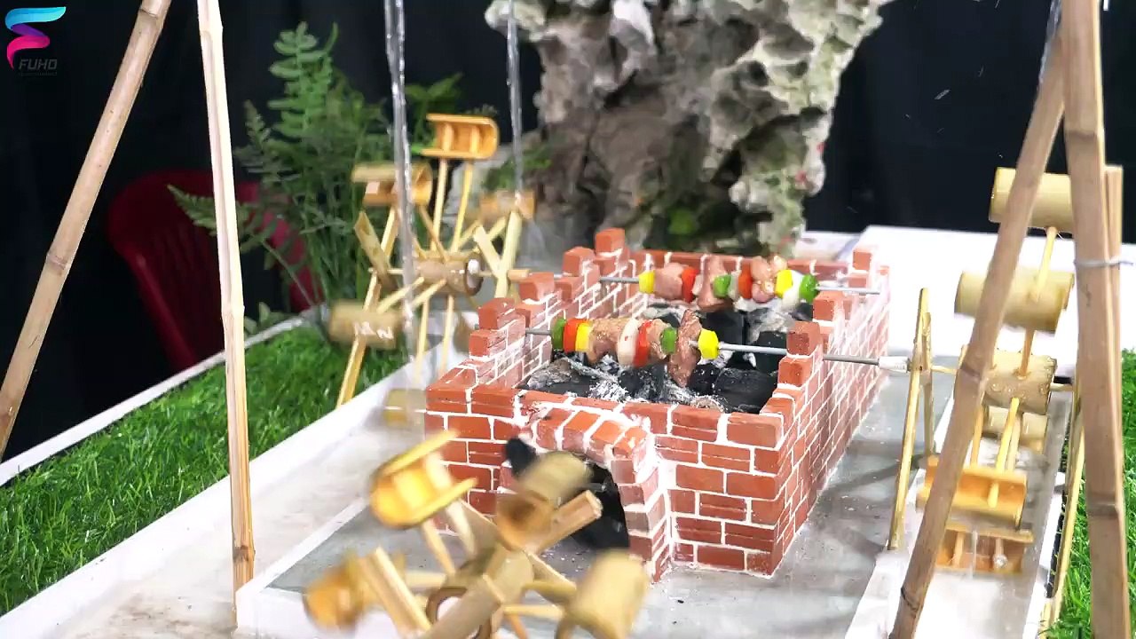 Bricklaying build Automatic BBQ Mini Oven with mini bricks and bamboo