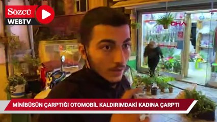 Minibüsün çarptığı otomobil kaldırımdaki kadına çarptı