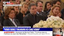 Rodolphe Tapie prononce un discours lors de la messe des obsèques de son grand-père Bernard Tapie.