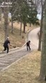 Skateboarder Skates Down Flight of Stairs Backward