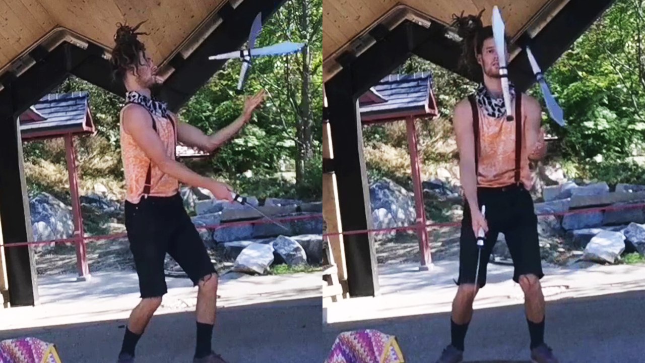 'Daring Canadian street performer juggles knives while balancing on Rola-Bola'