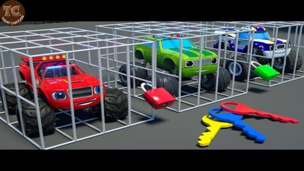 Monster Truck Blaze Stuck in Cage. Street Vehicles Leaning with Keys