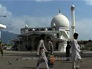 Pigeons fly over the Jama Mosque in Srinagar