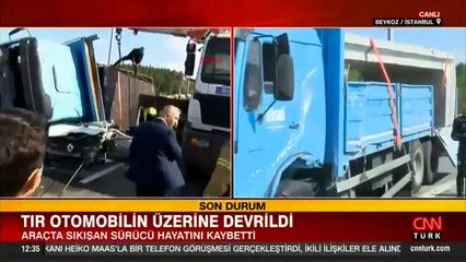 Kuzey Marmara Otoyolu'nda TIR, otomobilin üstüne devrildi