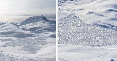 Cet homme de 60 ans, inventeur du « snow art », réalise des dessins immenses dans la neige