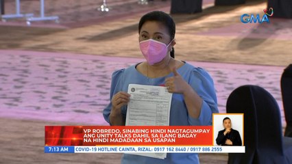 VP Robredo, sinabing hindi nagtagumpay ang unity talks dahil sa ilang bagay na hindi madadaan sa usapan | UB