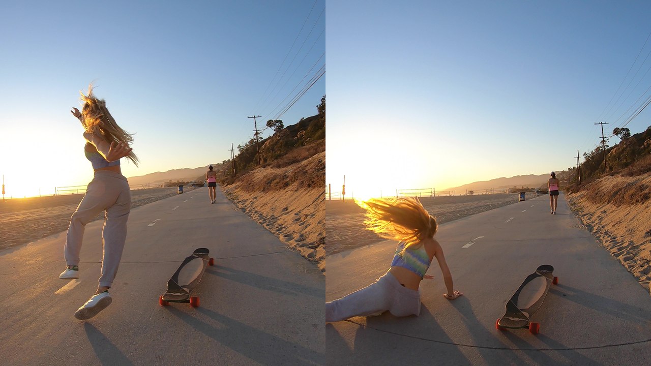 'Skater falls down while practicing a longboard dance step on the beach'