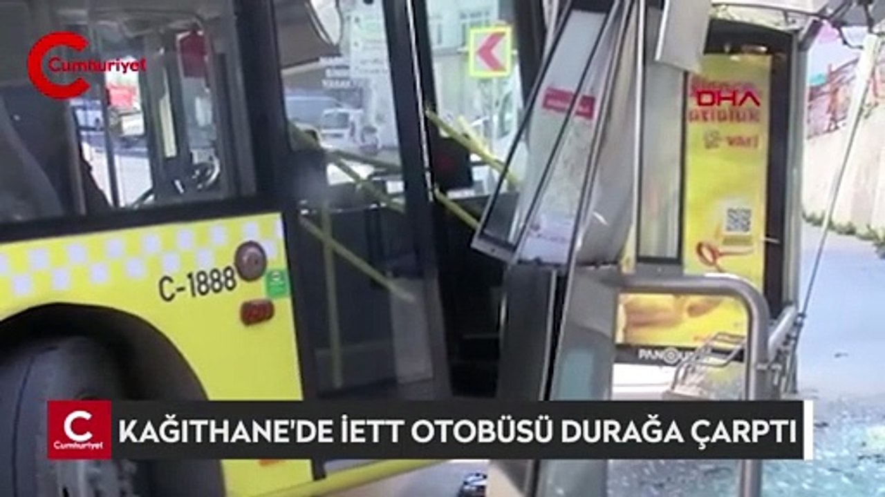 Kağıthane'de İETT otobüsü durağa çarptı