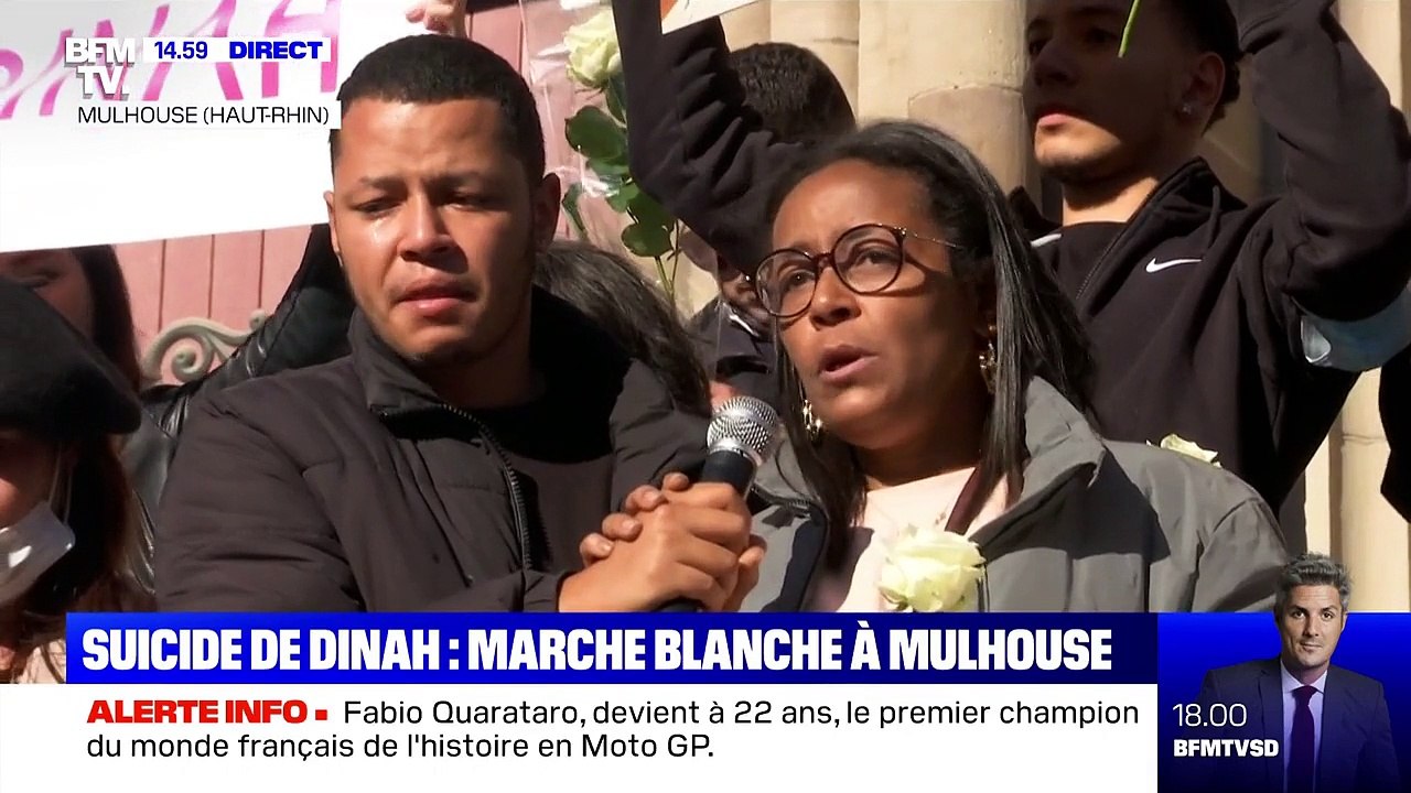 La mère de Dinah, jeune lycéenne qui s'est suicidée, s'exprime lors de la marche blanche en son honneur.