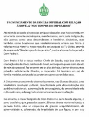 Pronunciamento da Família Imperial com relação à novela " NOS TEMPOS DO IMPERADOR "